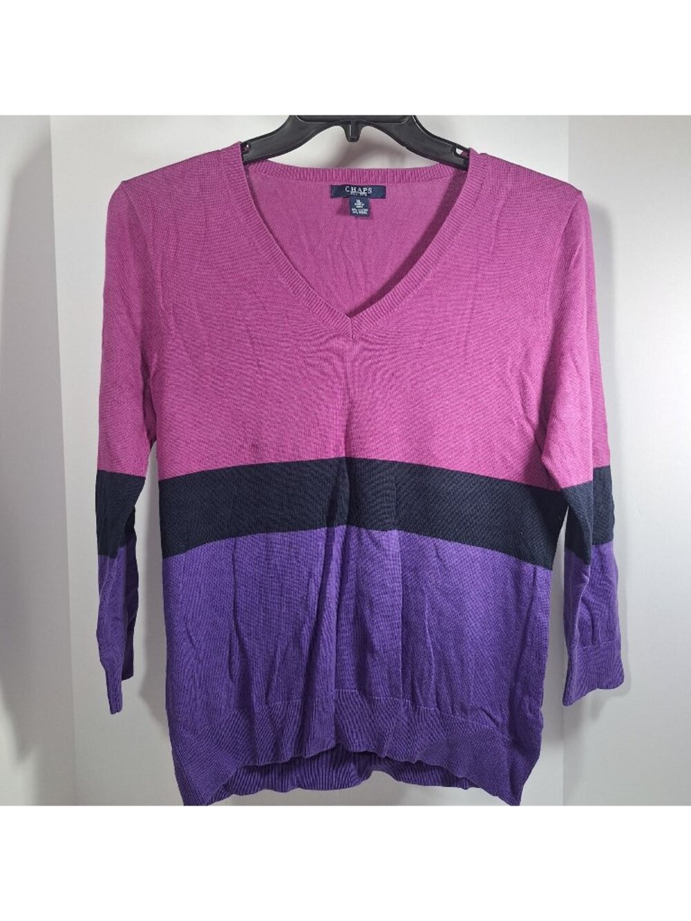 Chaps Colorblock V Neck Sweater XL Pink Purple Navy Cotton Modal